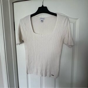 Calvin Klein Ivory Ribbed Square-Neck Short Sleeve Top